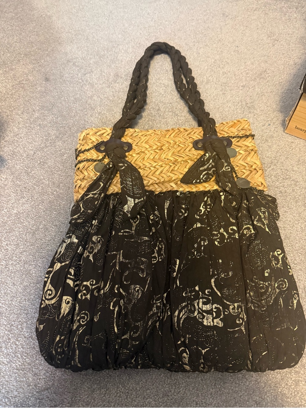 Woven Straw Tote with Brown Printed Fabric and Braided Handles - Picture 2 of 4